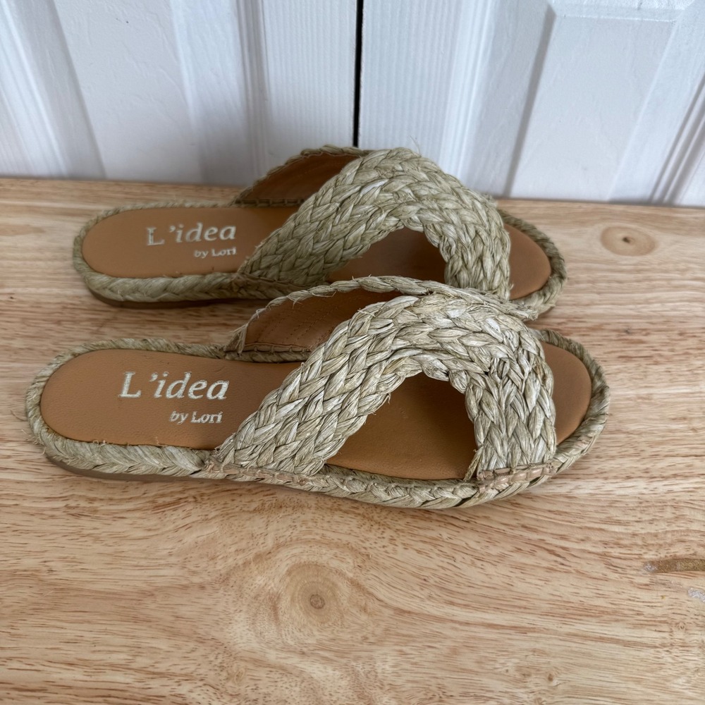 L'idea by Lori Braided Raffia Slides 37 Tan Espadrille Coastal Boho Flat Sandals